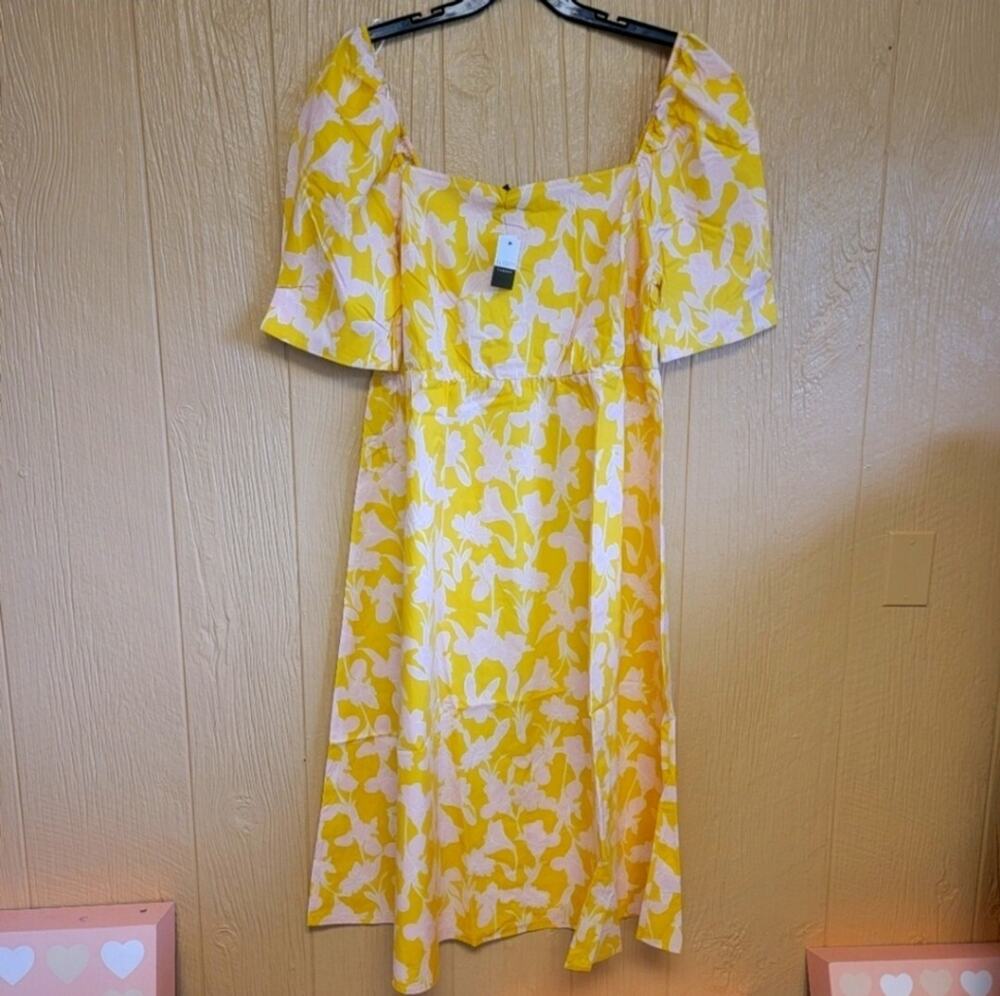 Eloquii Elements Dress Sz 20W Puff Sleeve Fit & Flare Yellow Pink Floral